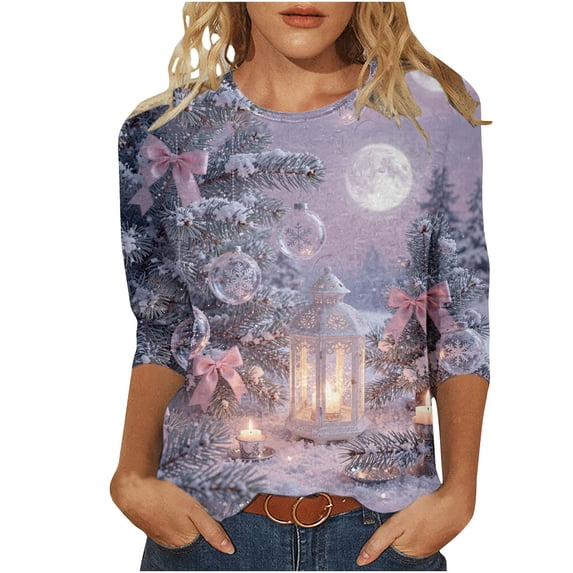 Cmtiyu Christmas Shirts for Women Oversized Crew Neck Christmas Printing 3/4 Length Sleeve Pullover Shirts Casual Loose Christmas Tee Tops S-5XL