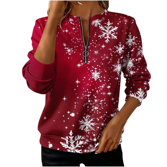 Cmtiyu Christmas Sweatshirt for Women Plus Size Long Sleeve Snowflake Graphic Crew Neck Sweatshirts Casual Loose Holiday Zipper Pullover Tops S-5XL