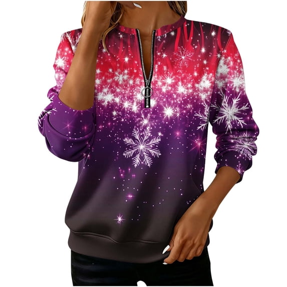 Cmtiyu Christmas Sweatshirt for Women Plus Size Long Sleeve Snowflake Graphic Crew Neck Sweatshirts Casual Loose Holiday Zipper Pullover Tops S-5XL