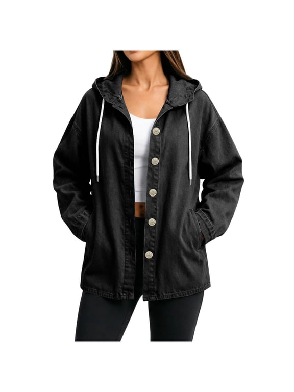 Denim Jacket for Women, Long Sleeve Drawstring Button Hooded Denim Jackets, Oversized Casual Outerwear Jean Jacket Coat with Pockets, S-2XL