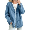 thumbnail image 1 of Cmtiyu Denim Jacket for Women, Long Sleeve Drawstring V Neck Open Front Washed Denim Jackets, Casual Loose Fit Outerwear Jacket with Pockets, S-3XL, 1 of 8