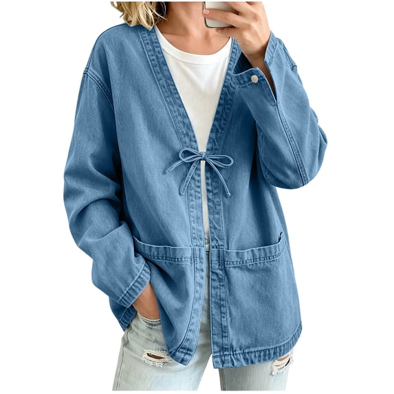 Cmtiyu Denim Jacket for Women, Long Sleeve Drawstring V Neck Open Front Washed Denim Jackets, Casual Loose Fit Outerwear Jacket with Pockets, S-3XL