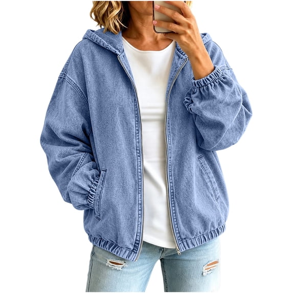 Cmtiyu Denim Jacket for Women Oversized Long Sleeve Zip Up Hooded Jackets Casual Fall Winter Outerwear Jean Jackets with Pockets S-3XL