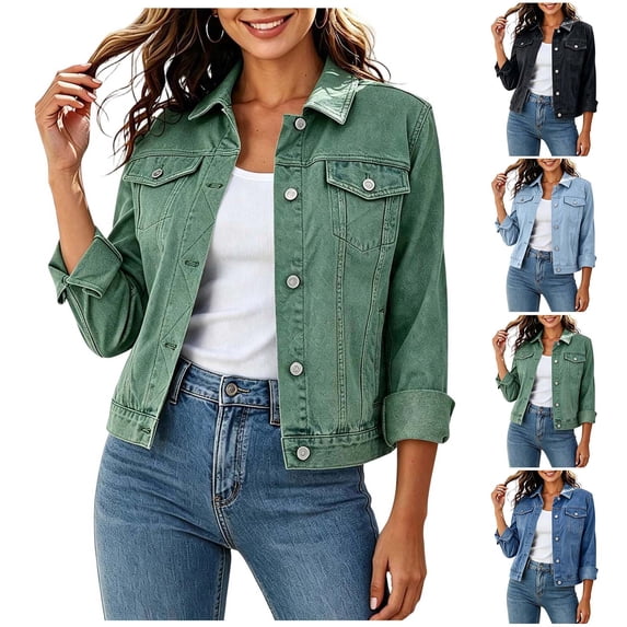 Cmtiyu Denim Jackets for Women, Solid Color Long Sleeve Down Collar Button Jean Jackets, Casual Daily Fall Denim Coats with Pockets S-2XL