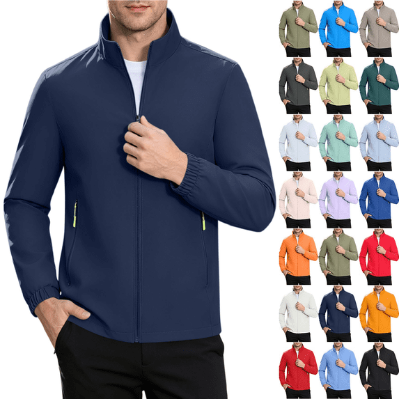 Cmtiyu Fashion Jackets for Men Casual Long Sleeve Stand Neck Outdoor Zip Up Blue Jackets with Zip Pockets XXS-3XL