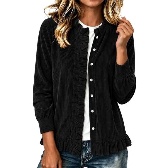 Cmtiyu Fashion Jackets for Women Long Sleeve Round Neck Button Down Black Corduroy Jacket with Ruffled Hem Casual Fall Outerwear Jacket S-3XL
