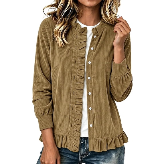 Cmtiyu Fashion Jackets for Women Long Sleeve Round Neck Button Down Khaki Corduroy Jacket with Ruffled Hem Casual Fall Outerwear Jacket S-3XL