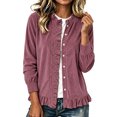 thumbnail image 1 of Cmtiyu Fashion Jackets for Women Long Sleeve Round Neck Button Down Pink Corduroy Jacket with Ruffled Hem Casual Fall Outerwear Jacket S-3XL, 1 of 6