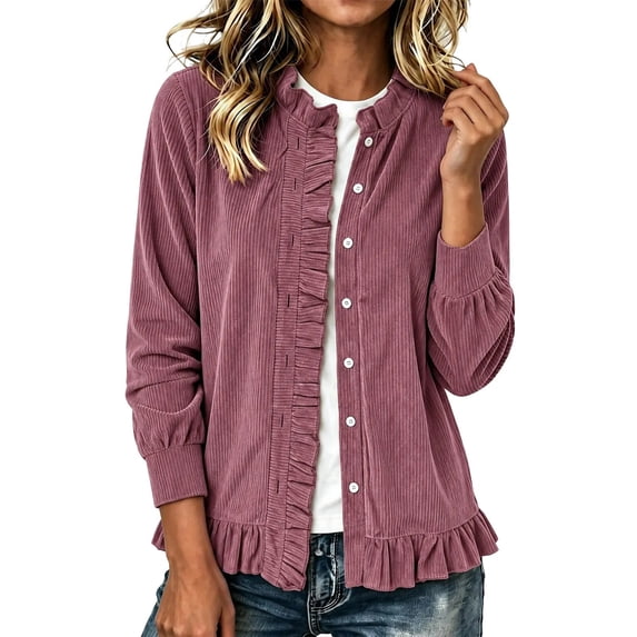 Cmtiyu Fashion Jackets for Women Long Sleeve Round Neck Button Down Pink Corduroy Jacket with Ruffled Hem Casual Fall Outerwear Jacket S-3XL