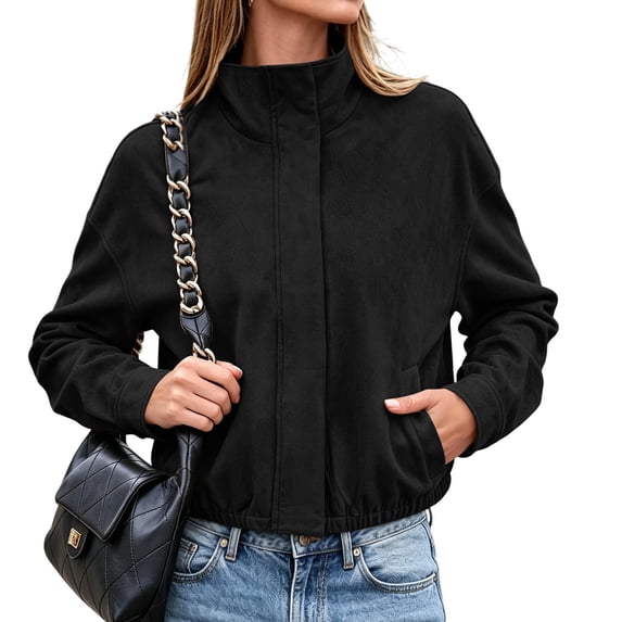 Cmtiyu Fashion Jackets for Women Long Sleeve Stand Neck Button Black Zip Up Jacket Casual Fall Outerwear Coat with Pockets S-2XL