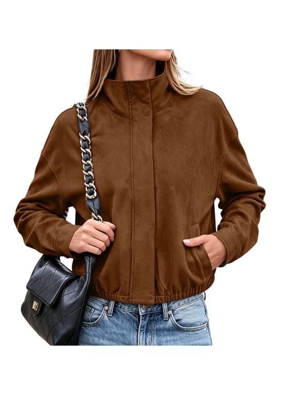 Fashion Jackets for Women Long Sleeve Stand Neck Button Coffee Zip Up Jacket Casual Fall Outerwear Coat with Pockets S-2XL