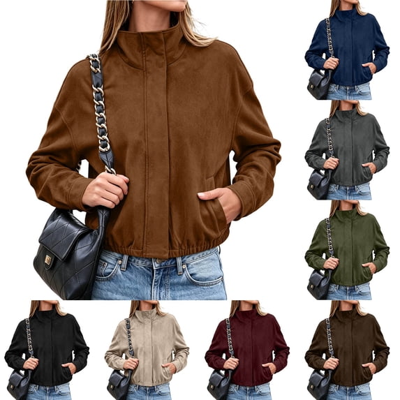 Cmtiyu Fashion Jackets for Women Long Sleeve Stand Neck Button Green Zip Up Jacket Casual Fall Outerwear Coat with Pockets S-2XL