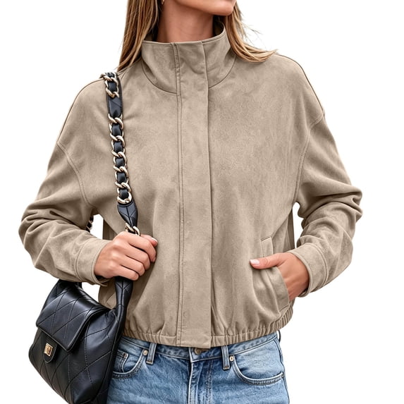 Cmtiyu Fashion Jackets for Women Long Sleeve Stand Neck Button Khaki Zip Up Jacket Casual Fall Outerwear Coat with Pockets S-2XL