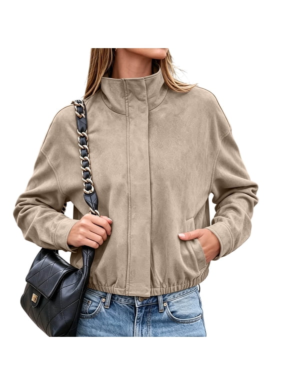 Fashion Jackets for Women Long Sleeve Stand Neck Button Khaki Zip Up Jacket Casual Fall Outerwear Coat with Pockets S-2XL