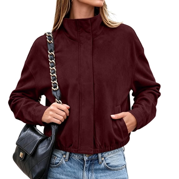 Cmtiyu Fashion Jackets for Women Long Sleeve Stand Neck Button Wine Zip Up Jacket Casual Fall Outerwear Coat with Pockets S-2XL