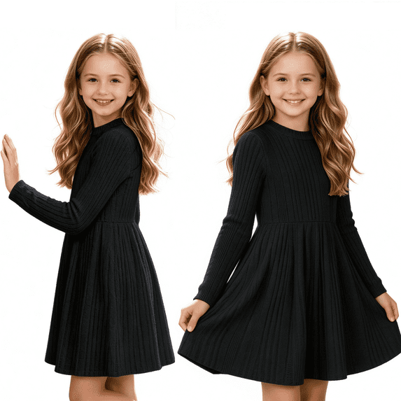 Cmtiyu Girls Fall Dresses Long Sleeve Crew Neck Pocket Ribbed Knit Dress Soft Lightweight Casual Black A Line Swing Dress for Girls 5-15 Years