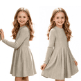 thumbnail image 1 of Cmtiyu Girls Fall Dresses Long Sleeve Crew Neck Pocket Ribbed Knit Dress Soft Lightweight Casual Khaki A Line Swing Dress for Girls 5-15 Years, 1 of 9