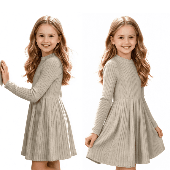 Cmtiyu Girls Fall Dresses Long Sleeve Crew Neck Pocket Ribbed Knit Dress Soft Lightweight Casual Khaki A Line Swing Dress for Girls 5-15 Years