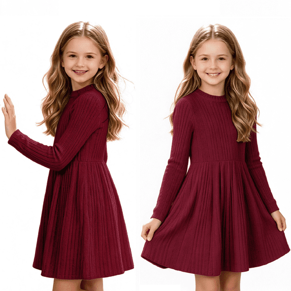 Cmtiyu Girls Fall Dresses Long Sleeve Crew Neck Pocket Ribbed Knit Dress Soft Lightweight Casual Red A Line Swing Dress for Girls 5-15 Years