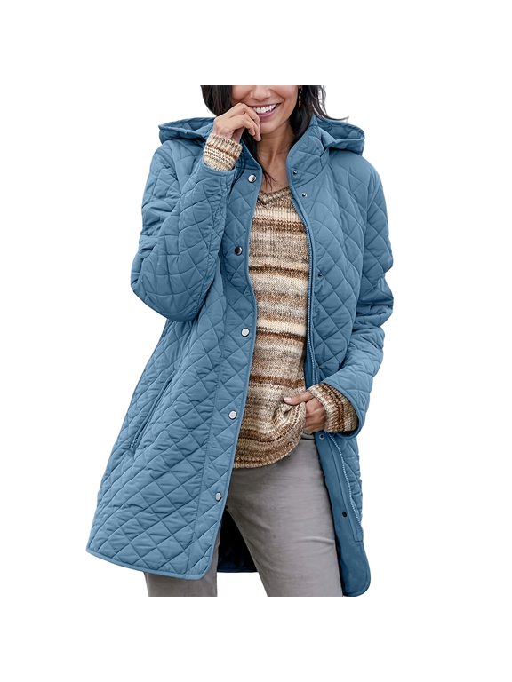 Hooded Winter Coats for Women Oversized Long Sleeve Stand Neck Button Puffer Jacket Casual Warm Blue Zip Up Jacket Coat with Pockets S-2XL