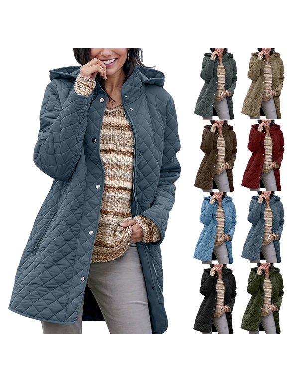 Hooded Winter Coats for Women Oversized Long Sleeve Stand Neck Button Puffer Jacket Casual Warm Gray Zip Up Jacket Coat with Pockets S-2XL