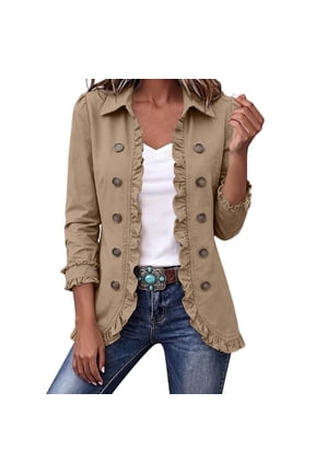 Jackets for Women Long Sleeve Laple Double Button Open Front Ruffled Jacket Casual Loose Fall Outerwear Jacket Tops S-3XL
