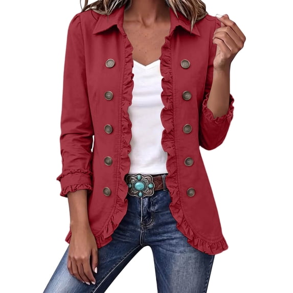 Cmtiyu Jackets for Women Long Sleeve Laple Double Button Open Front Ruffled Jacket Casual Loose Fall Outerwear Jacket Tops S-3XL