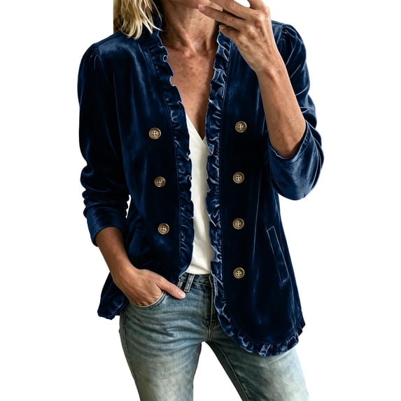Cmtiyu Jackets for Women Long Sleeve Open Front Double Button Ruffle Jackets Casual Soft Fall Outerwear Jacket with Pockets Blue S-3XL