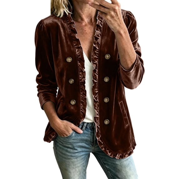 Cmtiyu Jackets for Women Long Sleeve Open Front Double Button Ruffle Jackets Casual Soft Fall Outerwear Jacket with Pockets Brown S-3XL