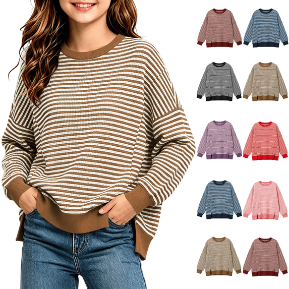 Cmtiyu Long Sleeve Shirts for Girls Striped Crew Neck Side Slit Pullover Sweatshirts with Ribbed Hem Casual Loose Girls Fall Tops Brown 5-15 Years