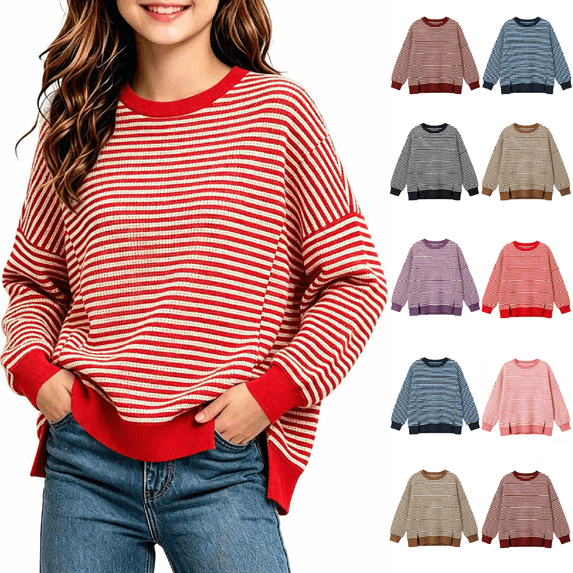 Cmtiyu Long Sleeve Shirts for Girls Striped Crew Neck Side Slit Pullover Sweatshirts with Ribbed Hem Casual Loose Girls Fall Tops Red 5-15 Years