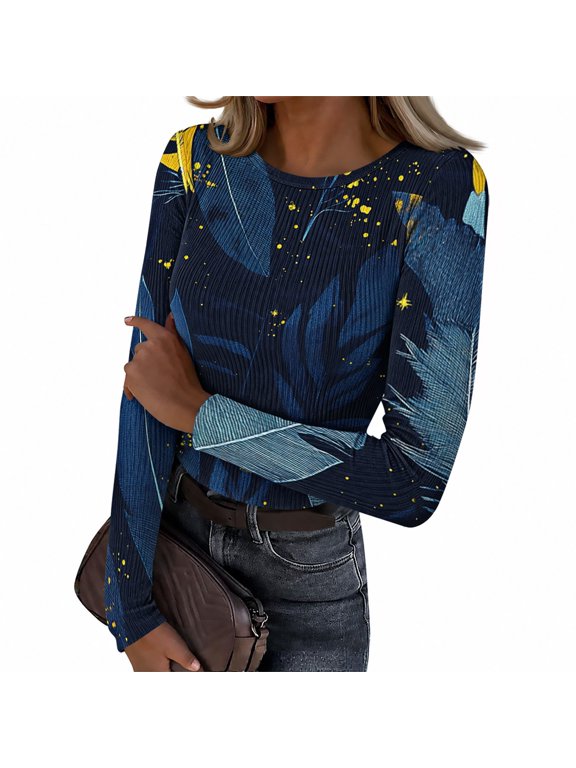 Long Sleeve Shirts for Women Printed Crew Neck Fitted Knit Ribbed Top Casual Tee Fall Fashion Slim Basic Tops S-2XL