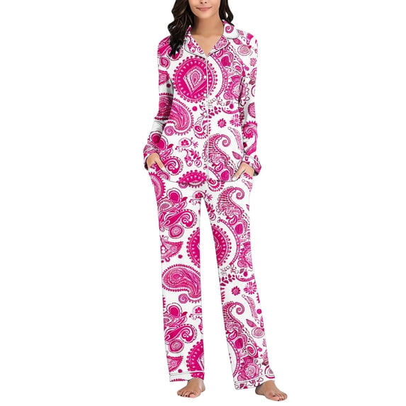 Cmtiyu Pajamas for Women Set Long Sleeve Notch Collar Button Pockets Top And Pants, Casual Loose Printed Loungewear Set, S-3XL