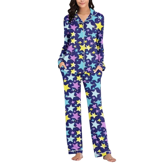 Cmtiyu Pajamas for Women Set Long Sleeve Notch Collar Button Pockets Top And Pants, Casual Loose Printed Loungewear Set, S-3XL
