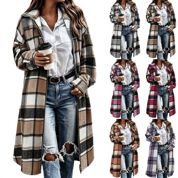 Cmtiyu Plaid Flannel Shirt Women Shacket Jackets, Long Sleeve Lapel Zip Up Jacket with Pockets, Casual Soft Fall Winter Long Coats, Beige S-2XL