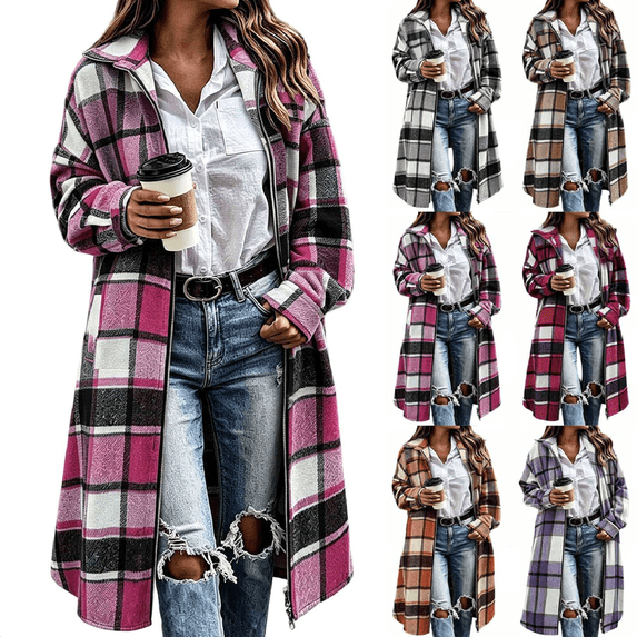 Cmtiyu Plaid Flannel Shirt Women Shacket Jackets, Long Sleeve Lapel Zip Up Jacket with Pockets, Casual Soft Fall Winter Long Coats, Pink S-2XL