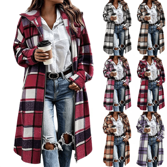 Cmtiyu Plaid Flannel Shirt Women Shacket Jackets, Long Sleeve Lapel Zip Up Jacket with Pockets, Casual Soft Fall Winter Long Coats, Red S-2XL
