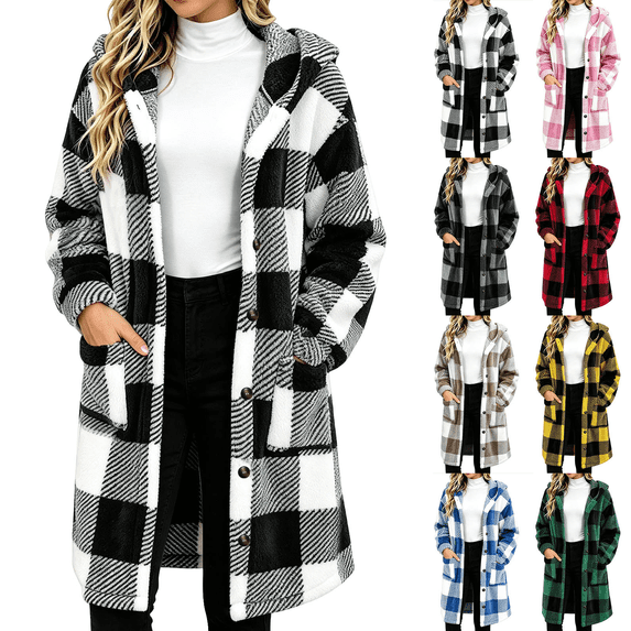 Cmtiyu Plaid Fleece Jackets Women, Long Sleeve Button Down Hooded Jacket, Warm Fall Winter Coats with Pockets, Black S-2XL