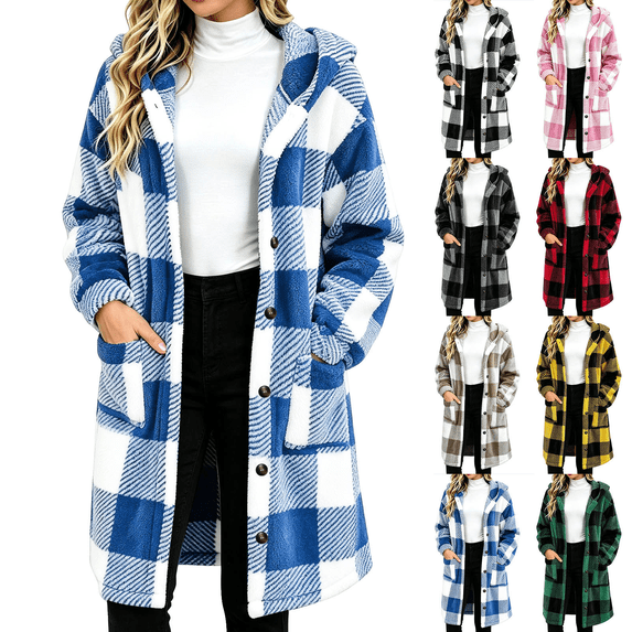 Cmtiyu Plaid Fleece Jackets Women, Long Sleeve Button Down Hooded Jacket, Warm Fall Winter Coats with Pockets, Blue S-2XL
