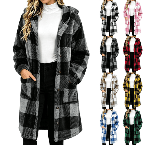 Cmtiyu Plaid Fleece Jackets Women, Long Sleeve Button Down Hooded Jacket, Warm Fall Winter Coats with Pockets, Gray S-2XL
