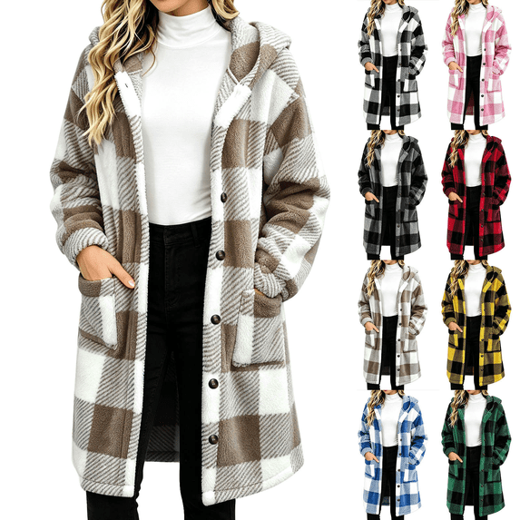 Cmtiyu Plaid Fleece Jackets Women, Long Sleeve Button Down Hooded Jacket, Warm Fall Winter Coats with Pockets, Khaki S-2XL