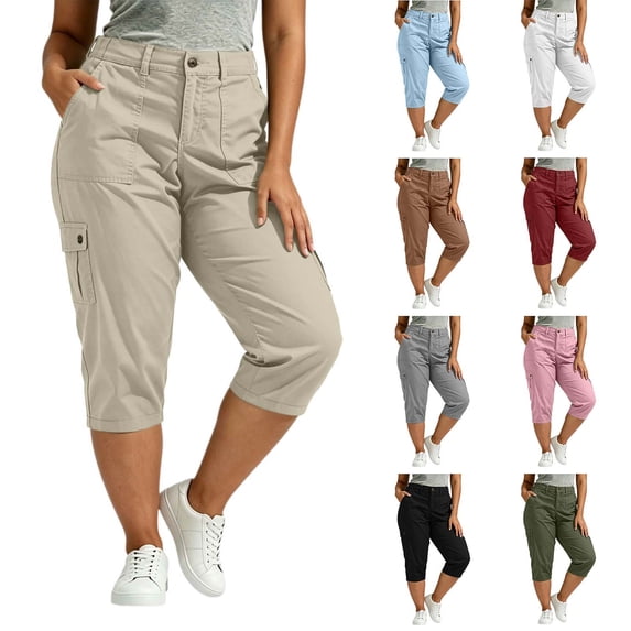Cmtiyu Plus Size Capri Pants for Women, High Waist Button Cargo Pants with Multi Pockets, Loose Outdoor Pants, L-5XL
