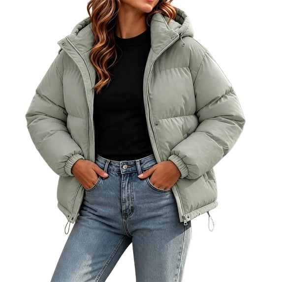 Cmtiyu Plus Size Winter Coats for Women Oversized Long Sleeve Hooded Green Puffer Jacket Casual Warm Drawstring Zipper Winter Coats with Pockets M-4XL