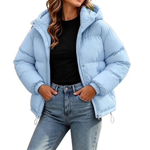 Cmtiyu Plus Size Winter Coats for Women Oversized Long Sleeve Hooded Blue Puffer Jacket Casual Warm Drawstring Zipper Winter Coats with Pockets M-4XL