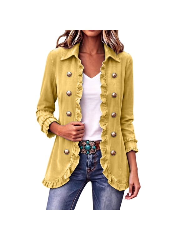 Ruffled Jackets for Women Casual Long Sleeve Laple Double Button Jacket Fall Vintage Open Front Coats S-3XL