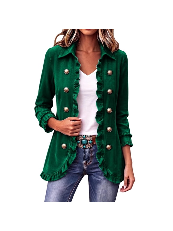 Ruffled Jackets for Women Casual Long Sleeve Laple Double Button Jacket Fall Vintage Open Front Coats S-3XL