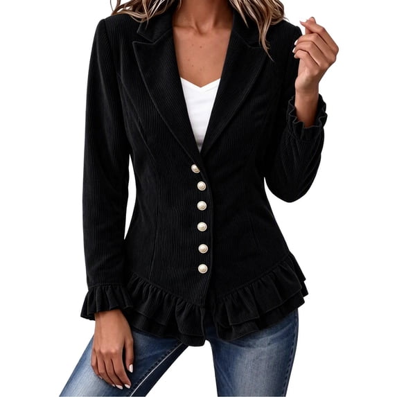 Cmtiyu Ruffled Jackets for Women Long Sleeve Lapel Button Down Black Corduroy Jacket Dressy Casual Lightweight Fall Jacket S-3XL