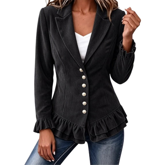 Cmtiyu Ruffled Jackets for Women Long Sleeve Lapel Button Down Gray Corduroy Jacket Dressy Casual Lightweight Fall Jacket S-3XL
