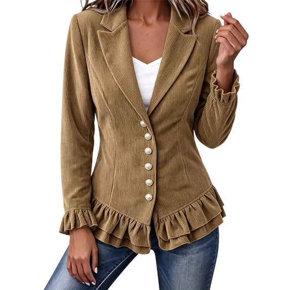 Cmtiyu Ruffled Jackets for Women Long Sleeve Lapel Button Down Khaki Corduroy Jacket Dressy Casual Lightweight Fall Jacket S-3XL