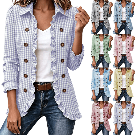 Cmtiyu Ruffled Trim Jackets for Women Long Sleeve Laple Double Button Plaid Jacket Casual Fall Outerwear Jacket Tops S-3XL